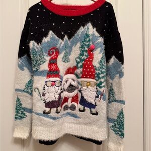 Festive Black and Red Christmas Sweater with Gnome Design, Size XS